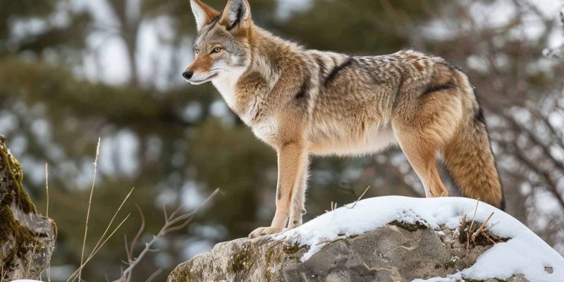 A Coyote on Snow-Covered Rock